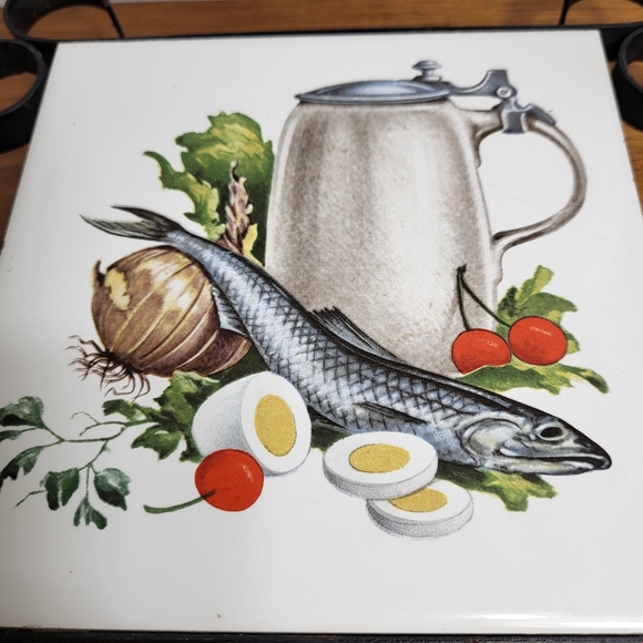 Vintage Wrought Iron and Ceramic Tile Trivet Fish and Eggs - Picture 12 of 16